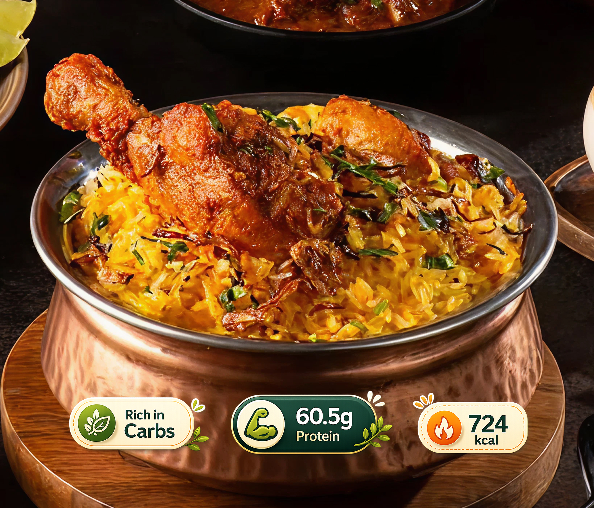 Chicken biryani served in a traditional copper handi