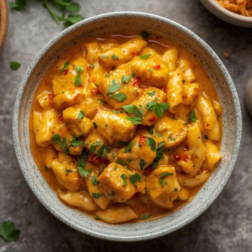 A bowl of butter chicken with tender chicken pieces in a creamy orange tomato-based gravy, garnished with butter and fresh cilantro.