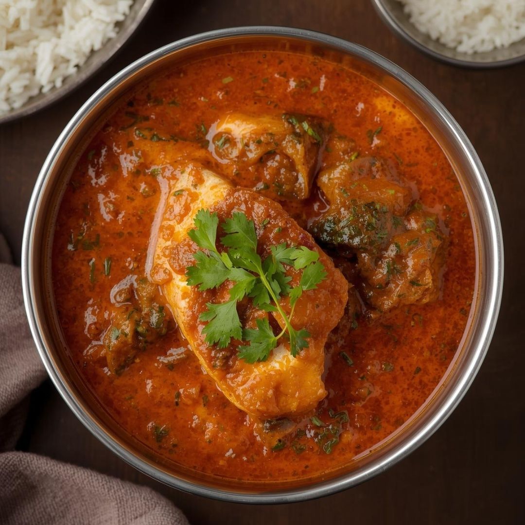 A bowl of Nellore fish curry with fish pieces simmered in a deep red, spicy tamarind-based gravy, garnished with curry leaves.