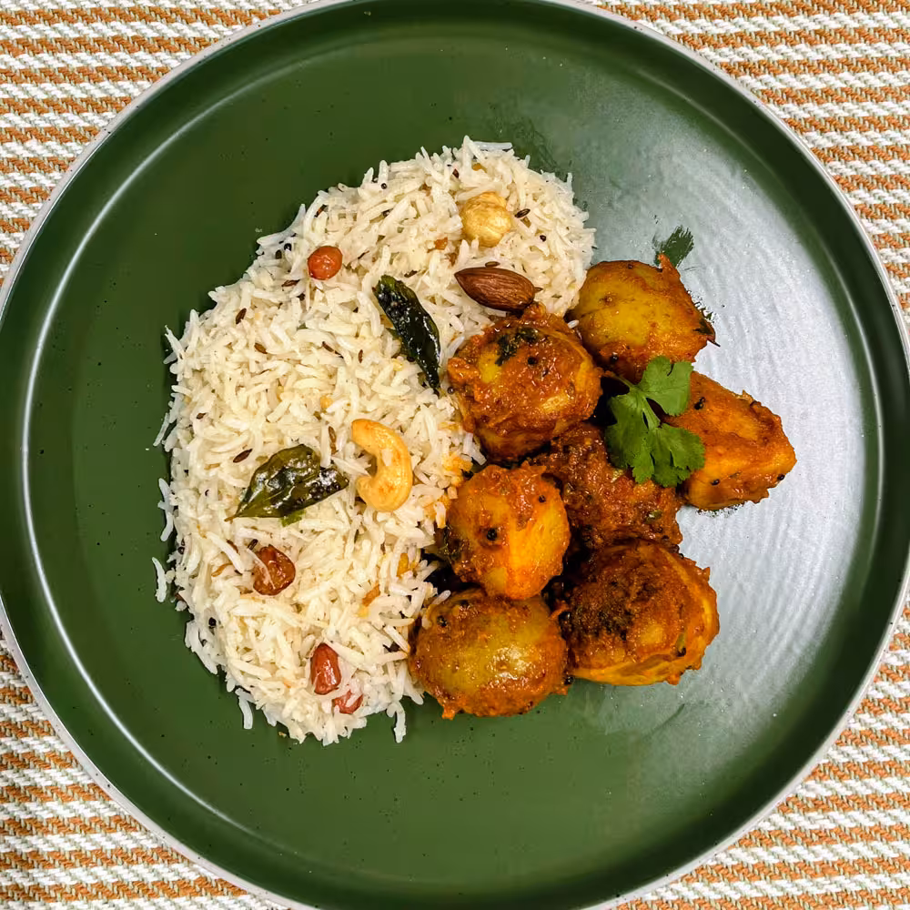Coconut Rice with Tangy Bombay Potatoes