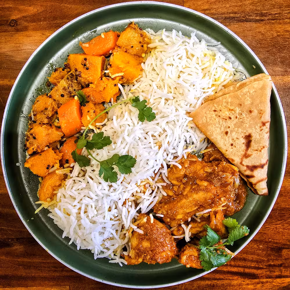 Homestyle Chicken Curry with Rice & Roti and Roasted Squash