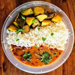 Kidney Bean Stew with Rice & Spiced Aubergine Potatoes