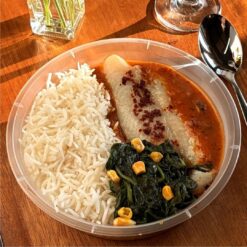 Light Fish Curry with Rice & Spinach Corn