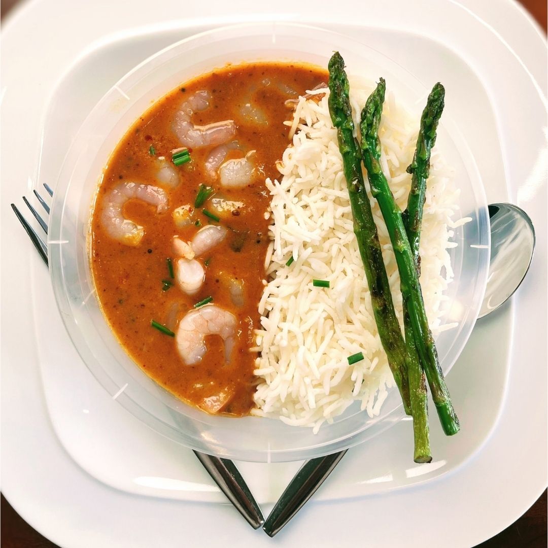 Prawn Curry with Rice & Garlic Asparagus